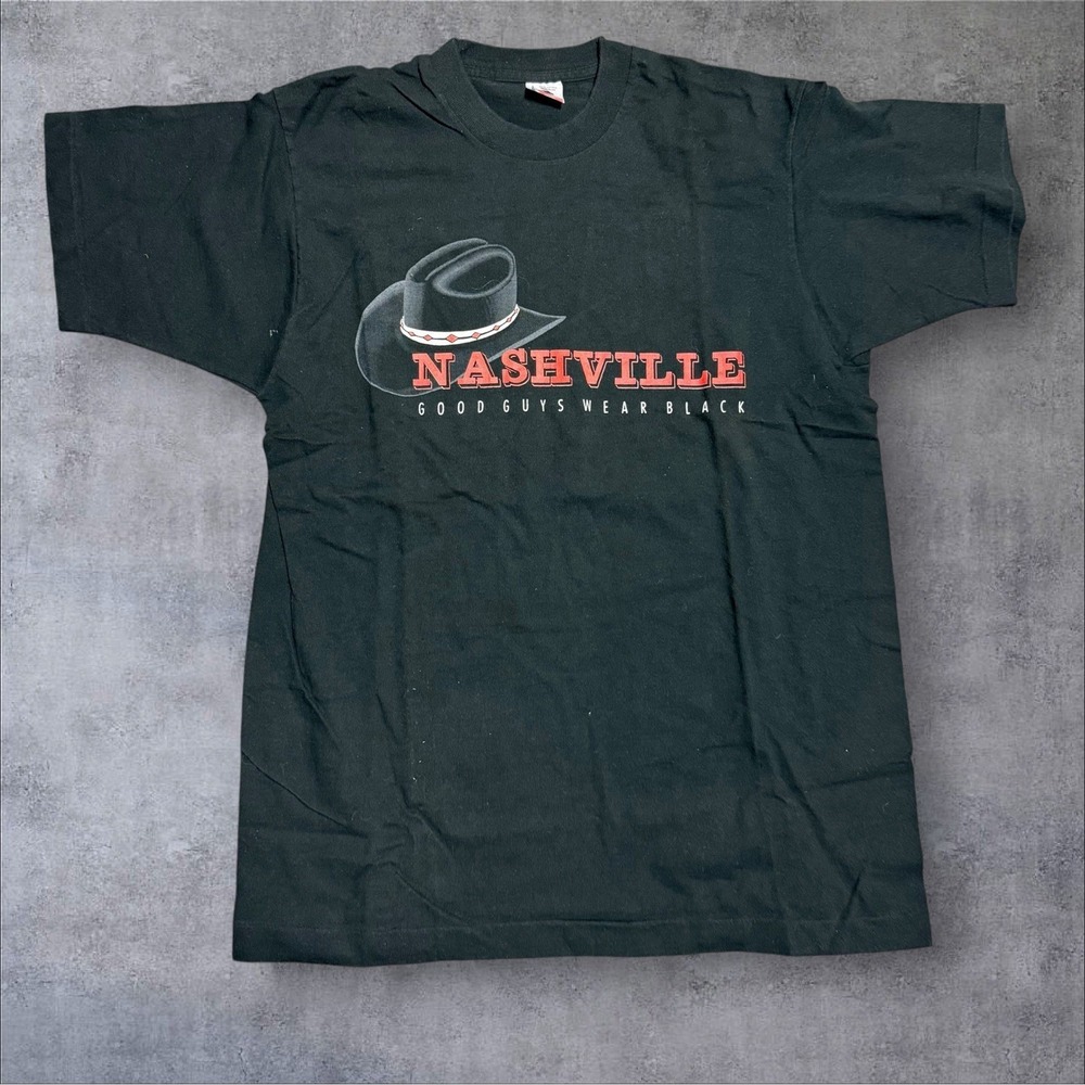 Vintage‎ 90s Single Stitch Nashville Spellout Black Faded Tee Size Large